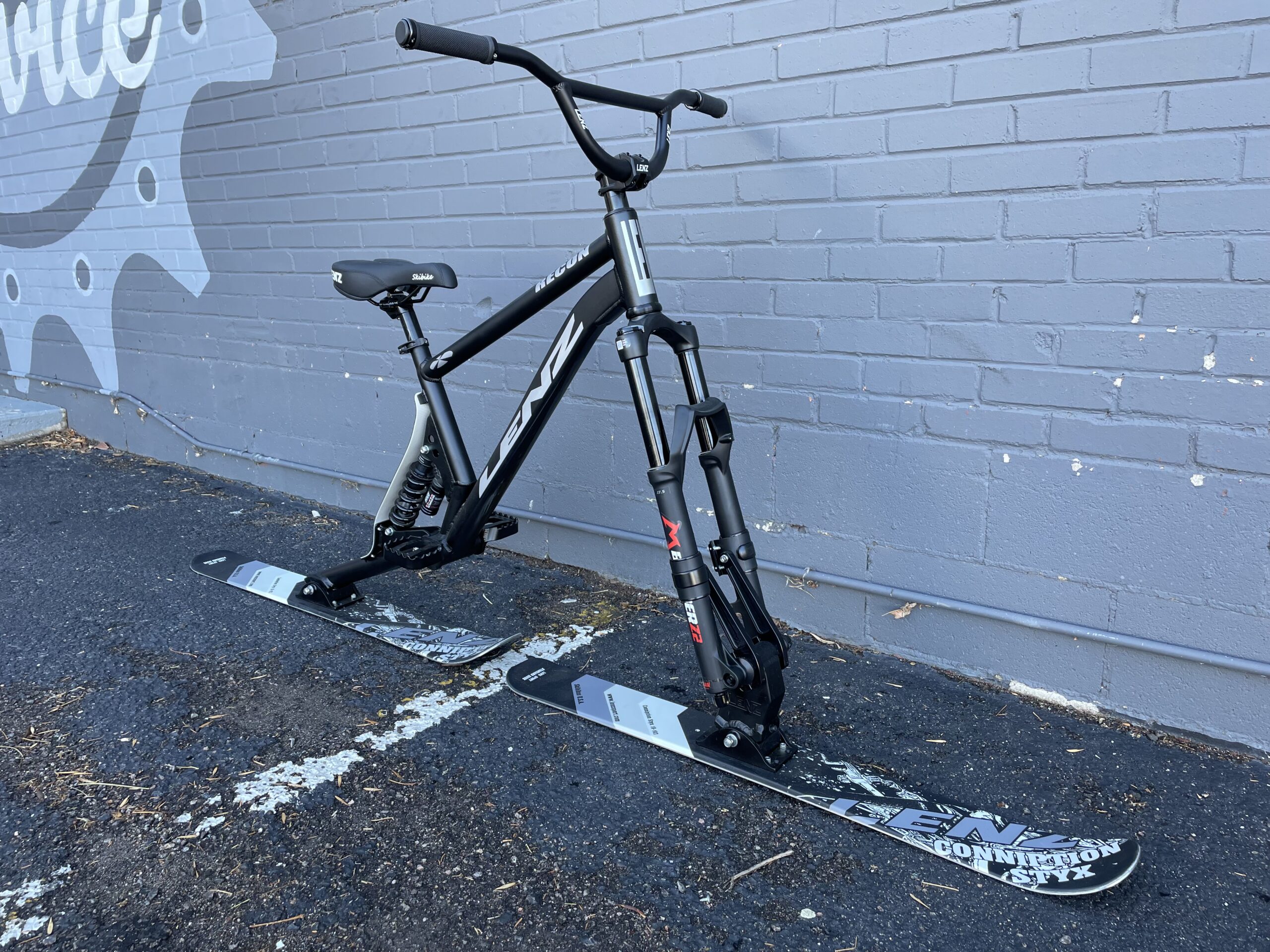 Lenz ski bike in front of gray brick wall at Bicycle Experience