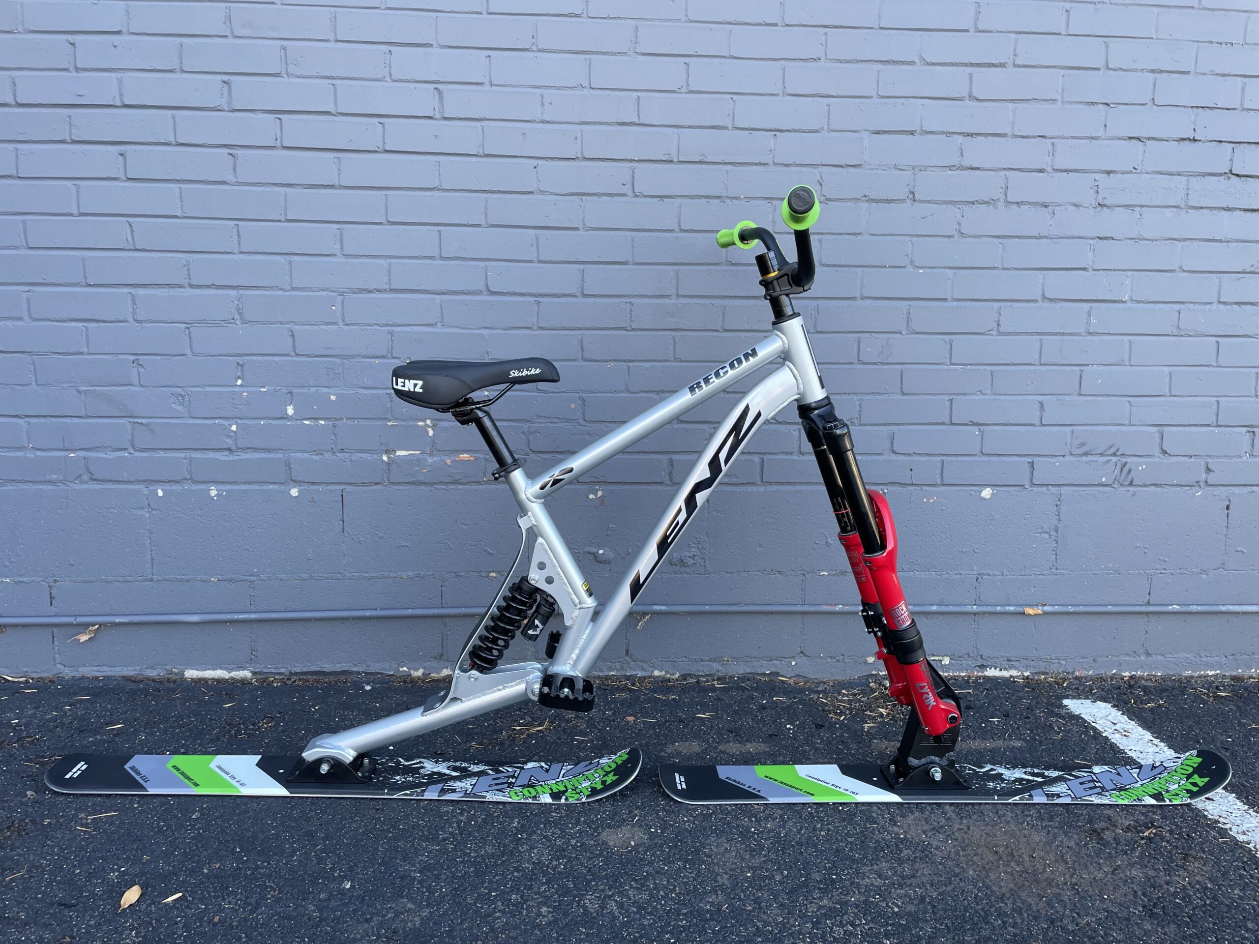 Lenz ski bike in front of gray brick wall at Bicycle Experience