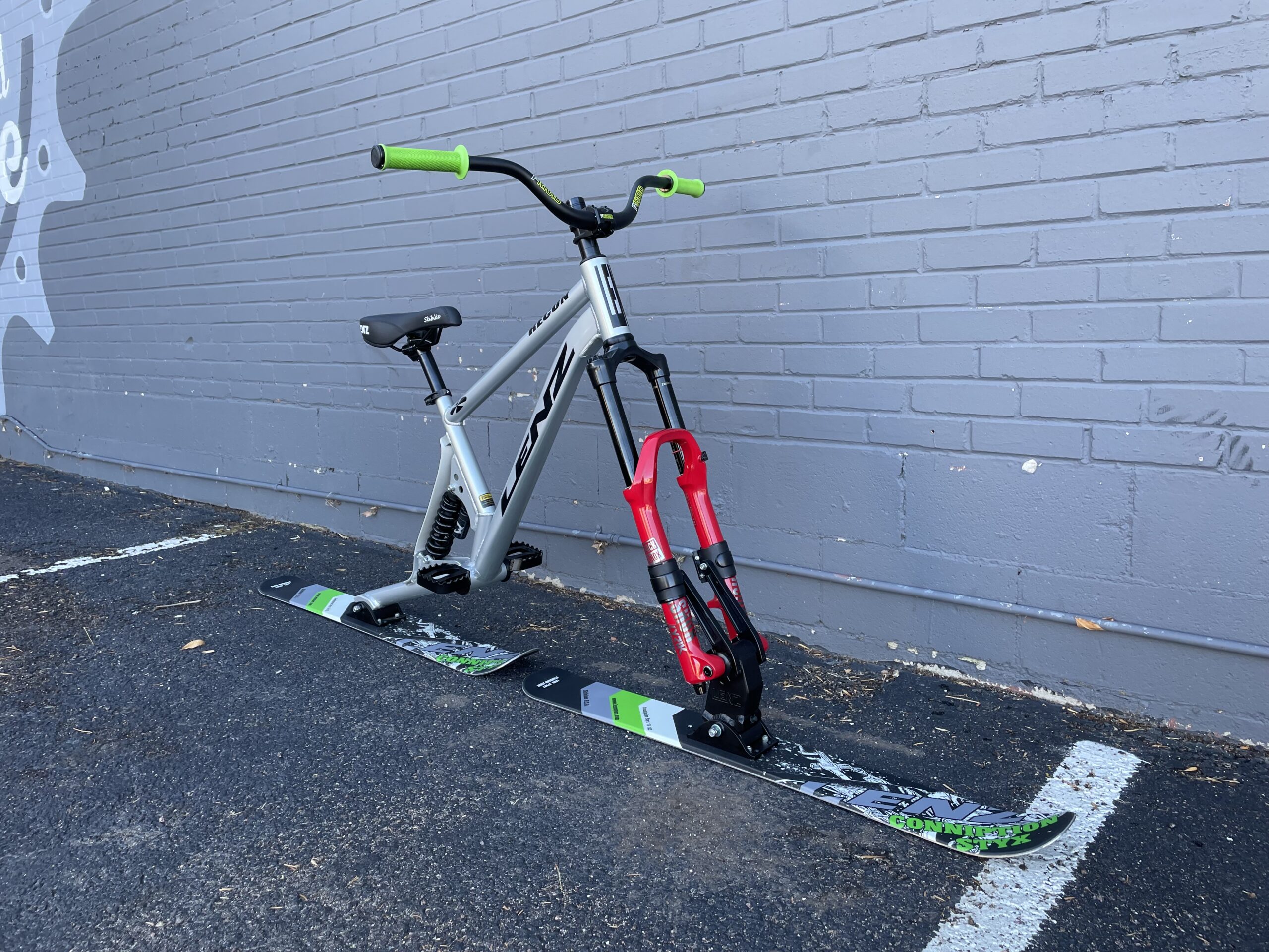 Lenz ski bike in front of gray brick wall at Bicycle Experience